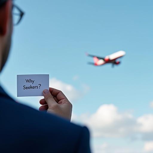 View from behind the right shoulder of a person in a navy blue suit holding a paper asking Why Sky Seekers while looking at a distant airplane in the sky.
