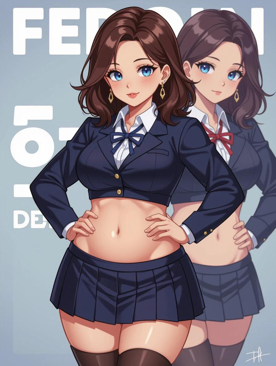 Full body illustration of a female character in a school uniform. Confident posture highlights curves. Dark brown hair styled in a messy shoulder-length cut. Wearing flashy earrings. The character has liquid-blue eyes and is depicted in a pinup art style.
