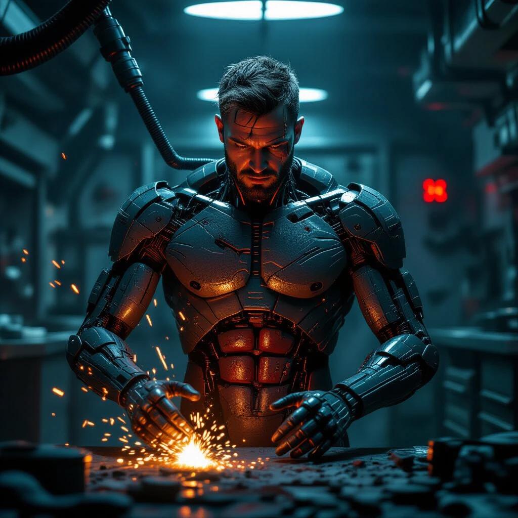 An underground lab scene. A muscular armored figure has mechanical arms working on his body. Sparks fly as molten metal fuses. The environment is dimly lit with surgical lights and red hazard strobes. Intense details captured. Emphasizes a dark sci-fi atmosphere.