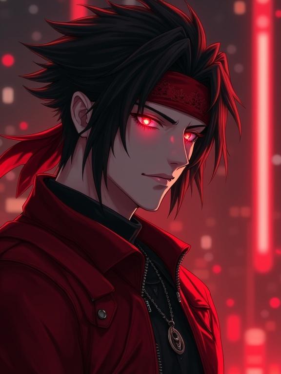 Character inspired by popular video game series. Male character with muscular physique and divine proportions. Features spiky black hair and deep red eyes. Dressed in red leather attire. High-quality artwork showcases professional lighting and an attractive anime style.