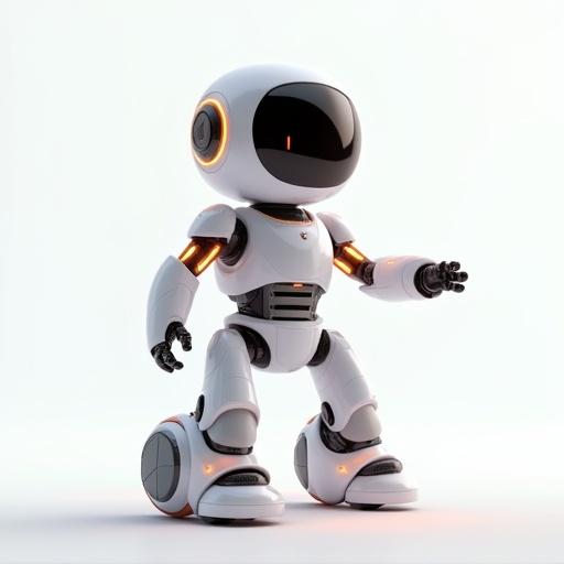 A tech mascot robot for a research and innovation center. The robot has a compact body without legs and moves on wheels or hovers. Design is aerodynamic and modular with articulated arms. Features clean white or silver surfaces, orange accents. Head is dome-shaped with a subtle display showing intelligence. Looks serious and friendly, influenced by BB8 and modern robotics. Background is white with soft lighting. Style is futuristic and clean.