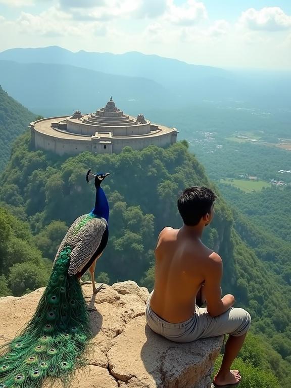 A vibrant scene on a rocky cliff features a shirtless man sitting peacefully beside a colorful peacock. They gaze at a sprawling green landscape below. The background shows a hilltop temple complex surrounded by mountains and a part cloudy sky. The overall mood is calm and majestic.