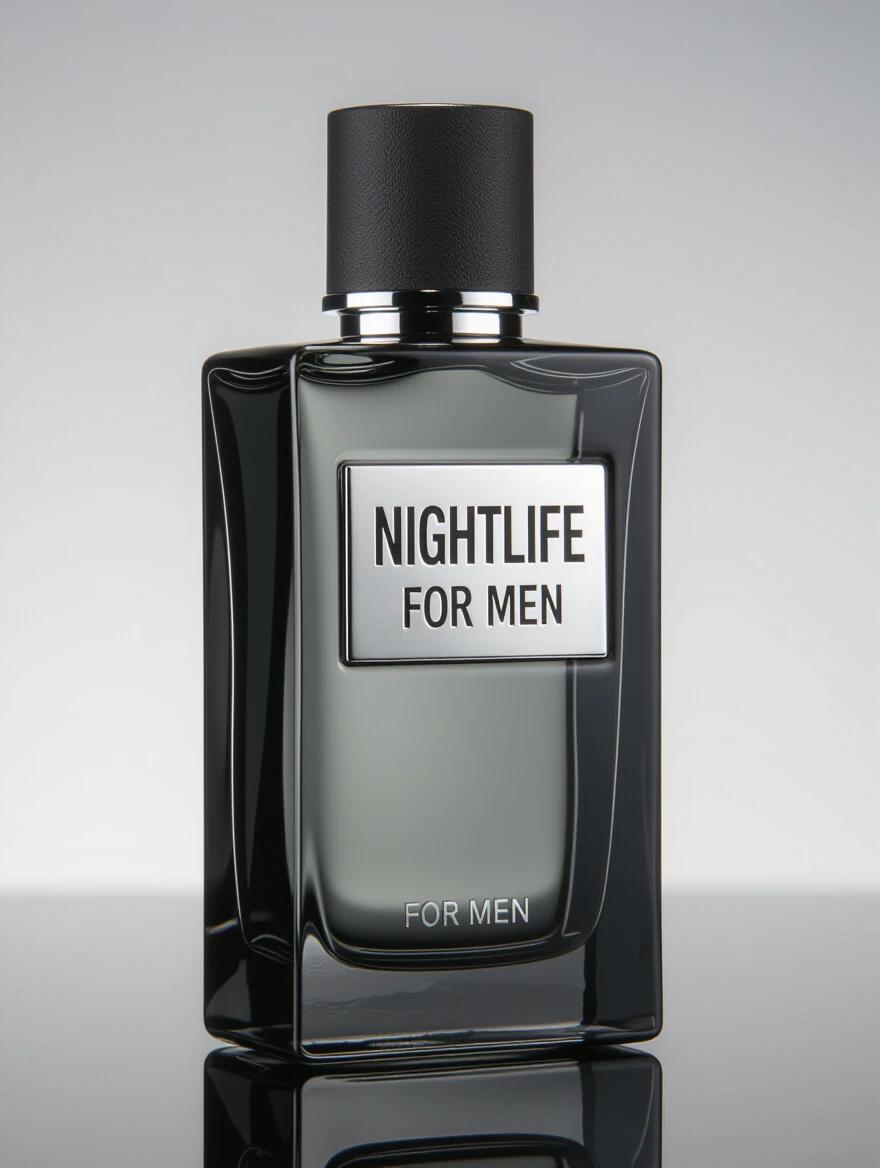 Product photo of men's perfume bottle. Tall rectangular bottle made of dark glass with a matte black cap. Silver lettering on the label. Text reads 'Nightlife for men' in bold modern font.