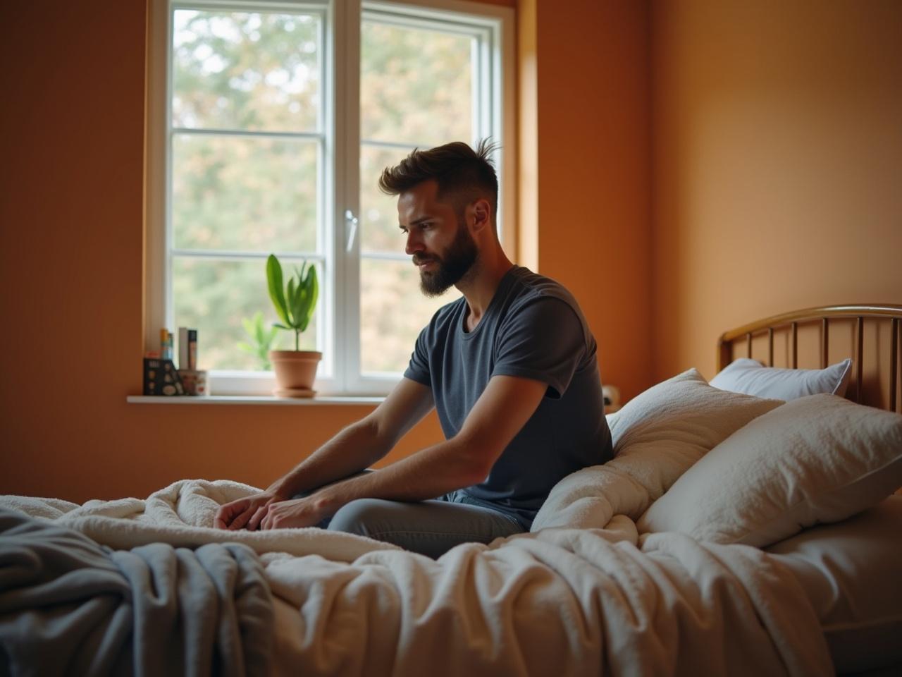 A man is sitting on a bed in a cozy room. The bed is neatly made, covered with soft blankets. The walls are painted in a warm color, creating a comforting atmosphere. Natural light is streaming through a window, illuminating the space. In the background, there are a few personal items like books and a small plant, adding a touch of personality to the scene.