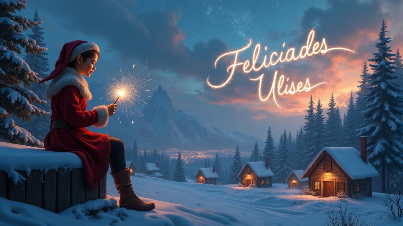 Elf character sits on a wooden ledge. Holding a sparkling wand. Previously gazing at a magical sky. Script says 'Felicidades Ulises' made of sparkler light. Surroundings are snowy landscape with charming houses. Evergreen trees in view.