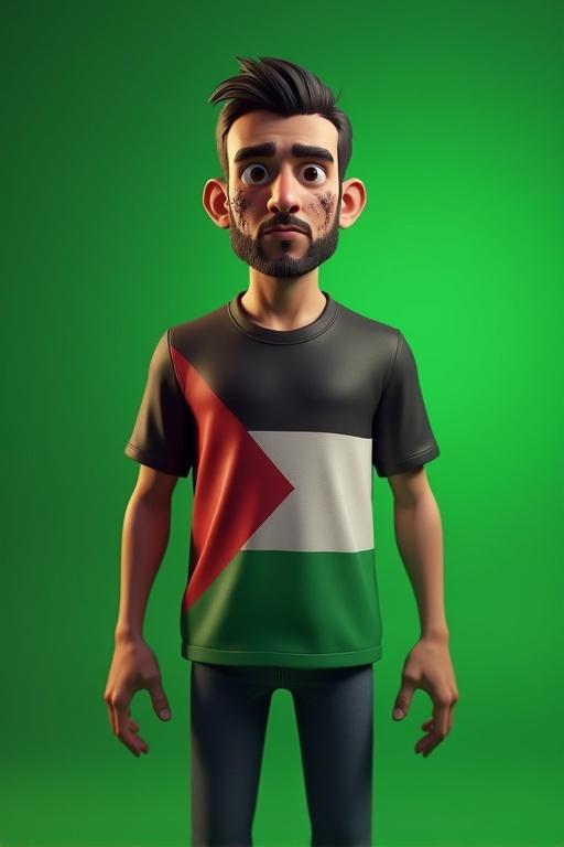 3D animated man wearing Palestinian flag shirt. He stands with a solemn expression. His face shows scars and soot marks from bomb blasts. Full-body shot with dramatic lighting on plain green background.