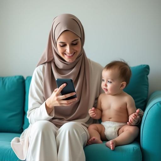 A woman in hijab smiles while looking at her phone. A baby plays next to her. They sit on a turquoise and white sofa.