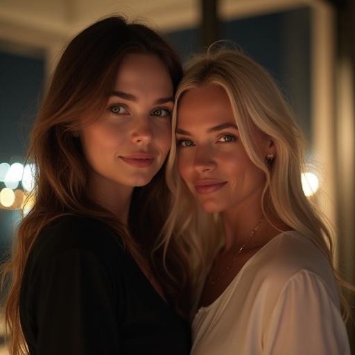 High fashion portrait of attractive Caucasian female influencer with soft smile. Engaging eye contact in upscale harbour apartment at night embracing with older woman. Chic designer outfit and minimal natural makeup. Softly blurred background showcasing modern decor with warm lighting.