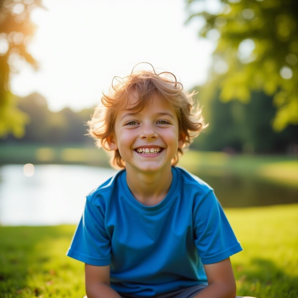 Ten year old boy in blue t-shirt sitting on green grass by the lake. The sun shines creating a cheerful atmosphere for playtime.