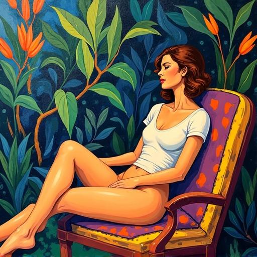 A woman lounges in a vibrant jungle setting. Abstract foliage surrounds her. Artwork in Fauvism style. Created using oil paint with flat brushwork.