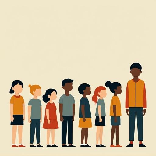 A minimalist flat vector illustration features kids and two adults in a school setting from 1961. Diverse faceless characters have exaggerated silhouettes with long limbs and small heads. Clothing styles are practical with neutral and muted colors. The illustration is clean with sharp color blocking and playful postures.