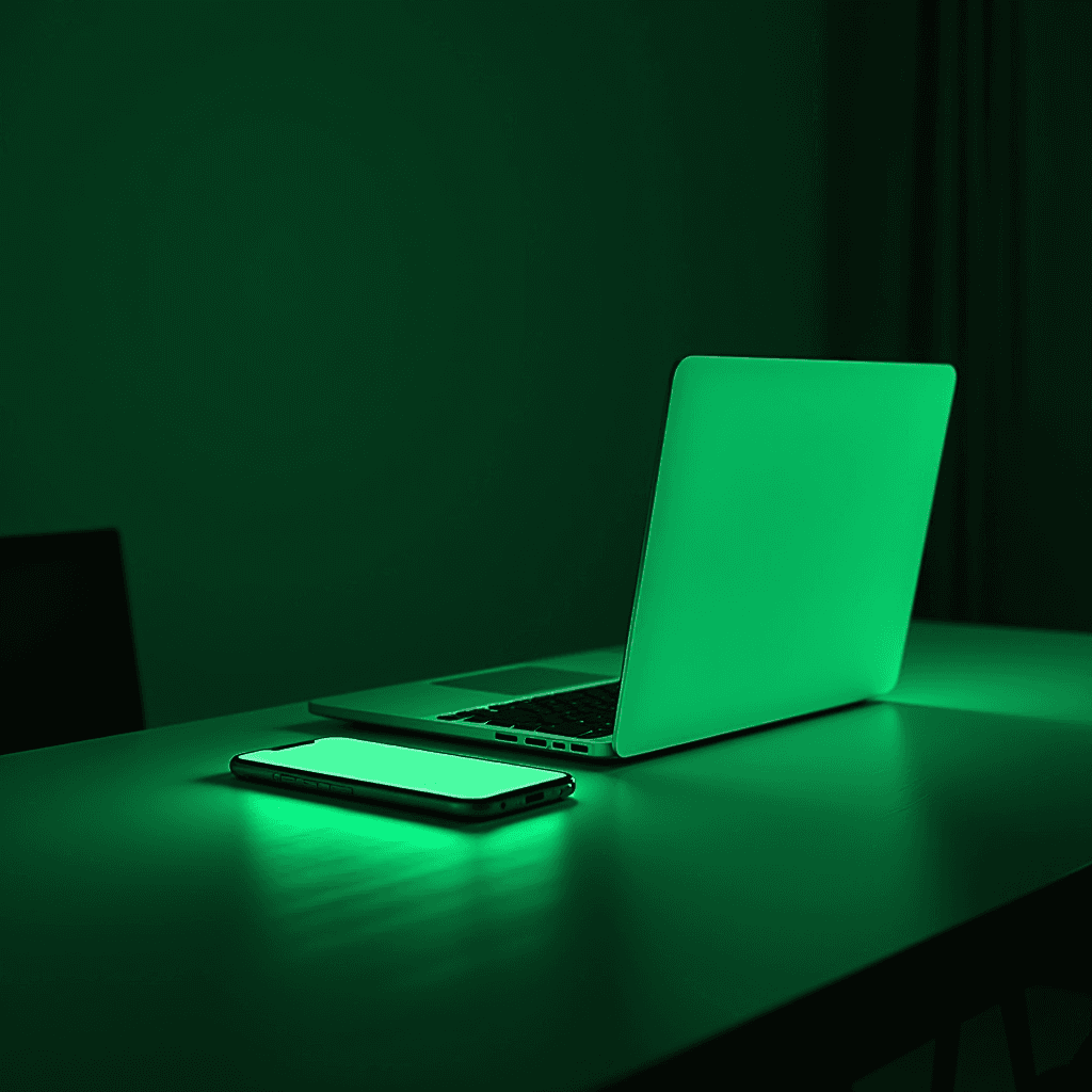 A laptop and smartphone on a table emit a bright green glow in a dark room.