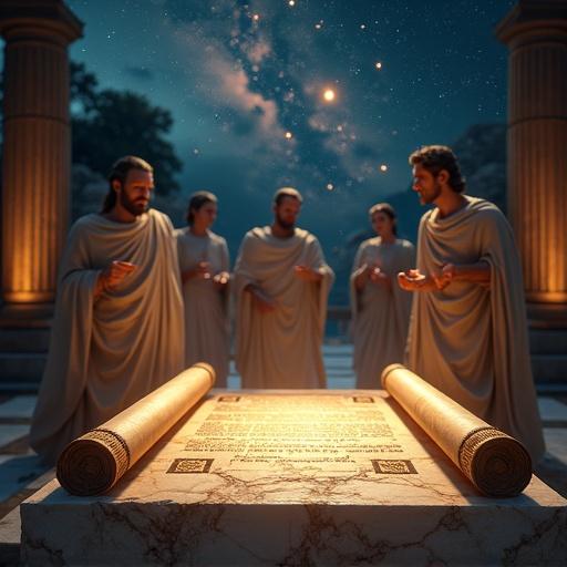 Stars swirl above a glowing parchment scroll on an ancient marble table. Greek gods gather around the scroll, featuring divine symbols. Elegant robes flow in a breeze, lit by torches. Scene captures action and mystery, photorealistic textures in a cinematic style.