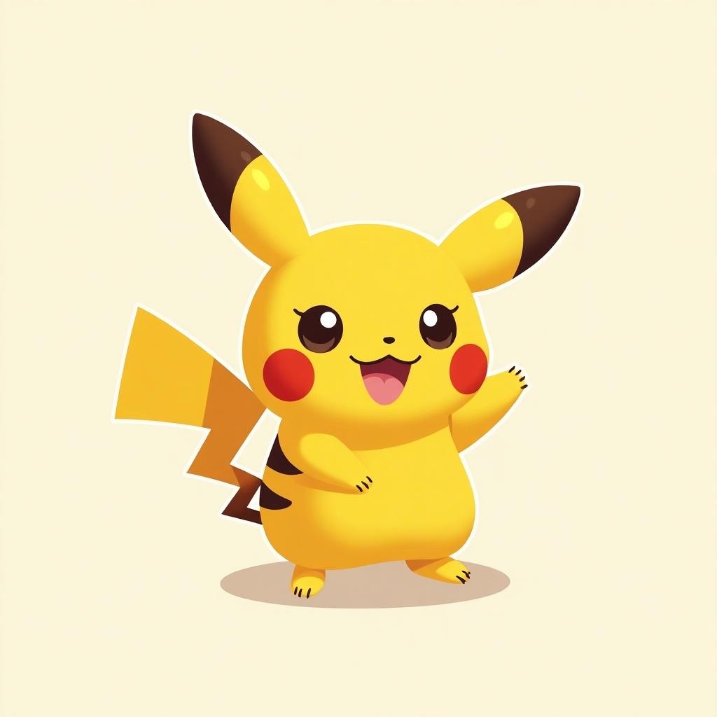 Cute cartoon character Pikachu resembles a friendly dog logo. Bright yellow color with black details and a smiling expression. Cheerful and inviting pose.