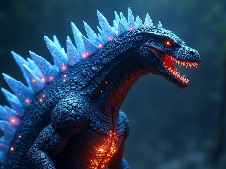 Live action image of a dark blue sleek alien space Godzilla. It has glowing crystal dorsal spines and small crystals growing out of its body. The mouth opens revealing a predator-like shape. The belly glows with a red-orange hue. Image emphasizes details and textures with realism in shadows.