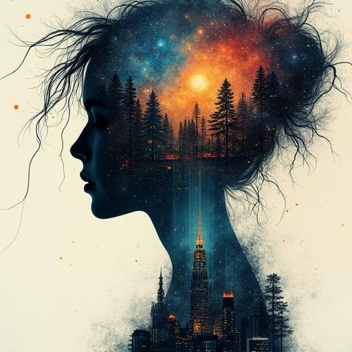 Intricate artwork depicting a double exposure effect. It combines a galaxy with trees and buildings within a silhouette. The image blends nature and urban elements.
