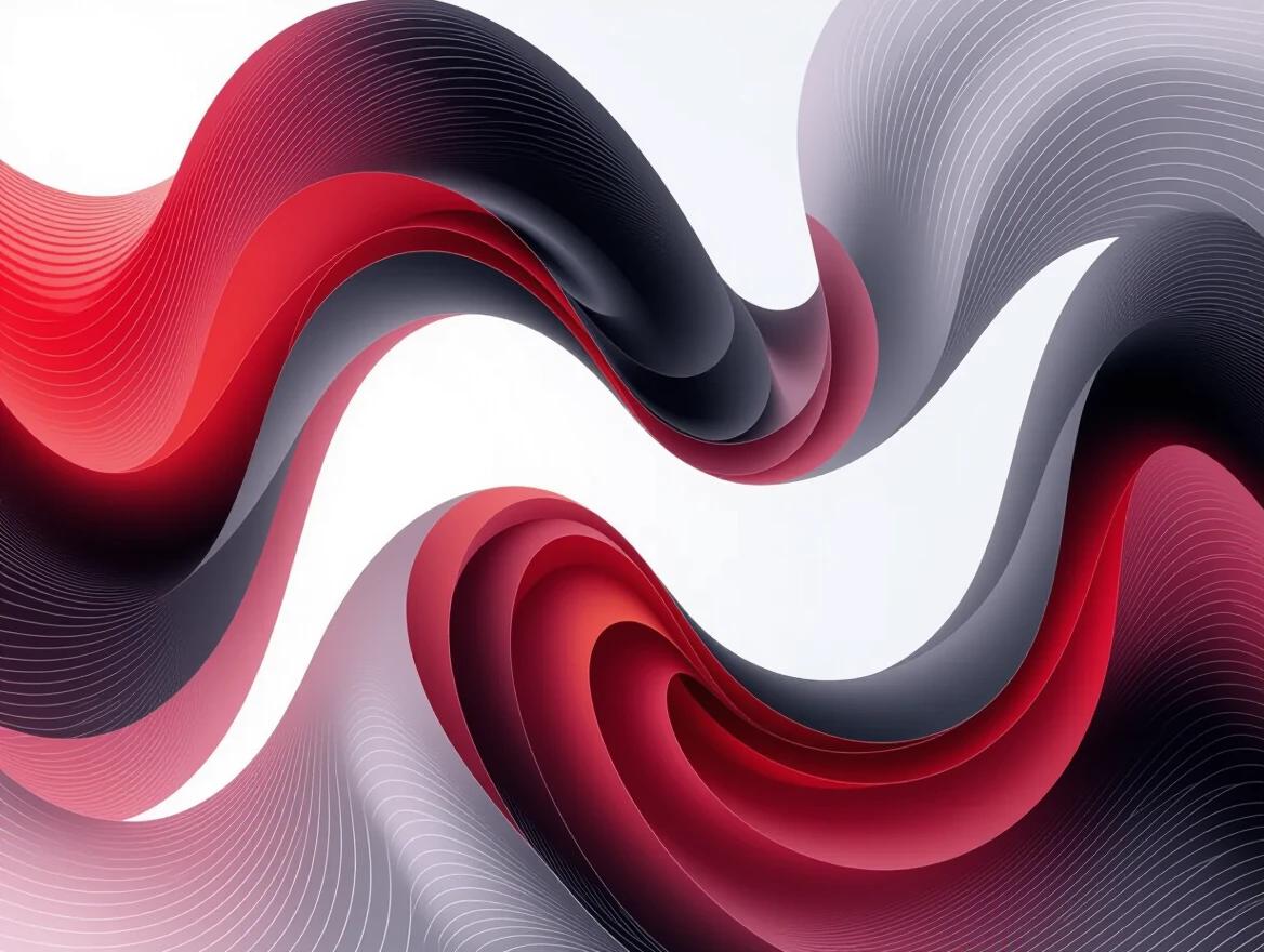 3D abstract image of a flowing ribbon-like structure with smooth glossy appearance. Gradient transitions from deep red to black to light grey. Set against plain white background.
