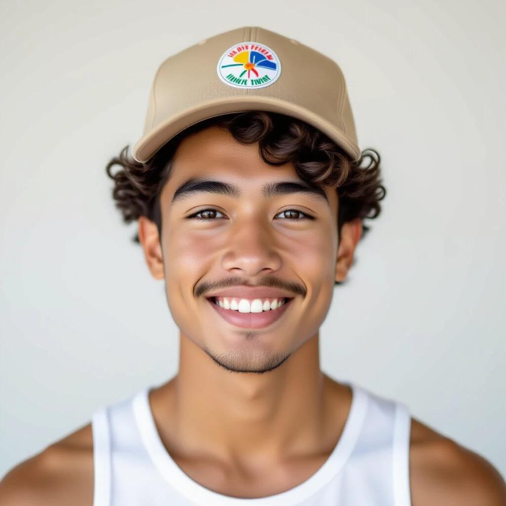 Portrait of a young male with short curly hair and a subtle mustache. Wearing a tan flat-brim cap and a white ribbed tank top. Background is clean and soft. Lighting is natural with studio quality. Face has sharp details and smooth texture.