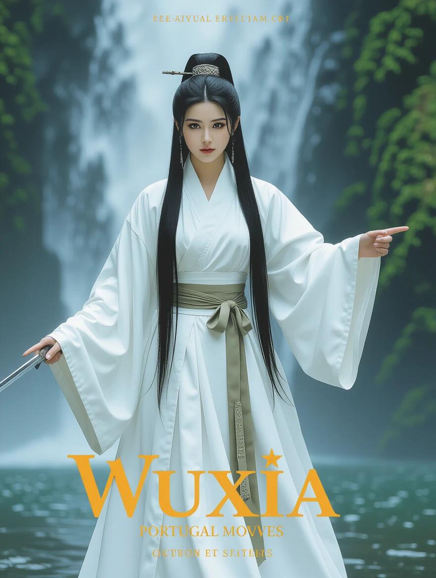 Woman wearing white clothes stands confidently. She has long hair and holds a sword. The background features a beautiful waterfall. The design reflects an 80s drama and action movie poster aesthetic. The title displayed is Wuxia Portugal.