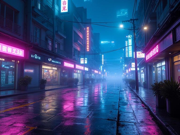 A futuristic cityscape at night with neon lights reflecting on wet pavement. Cyberpunk style featuring vibrant blues and purples in an ultra-detailed and cinematic composition.