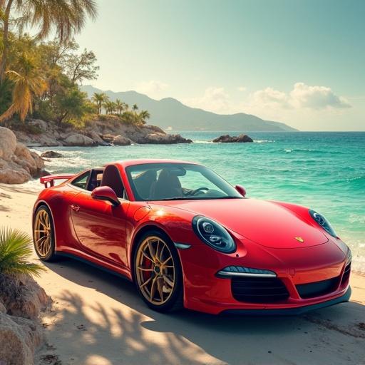 Image features a red Porsche sports car parked near a beach. The scene includes palm trees, clear blue skies, and ocean waves. The atmosphere suggests a summer holiday vibe.