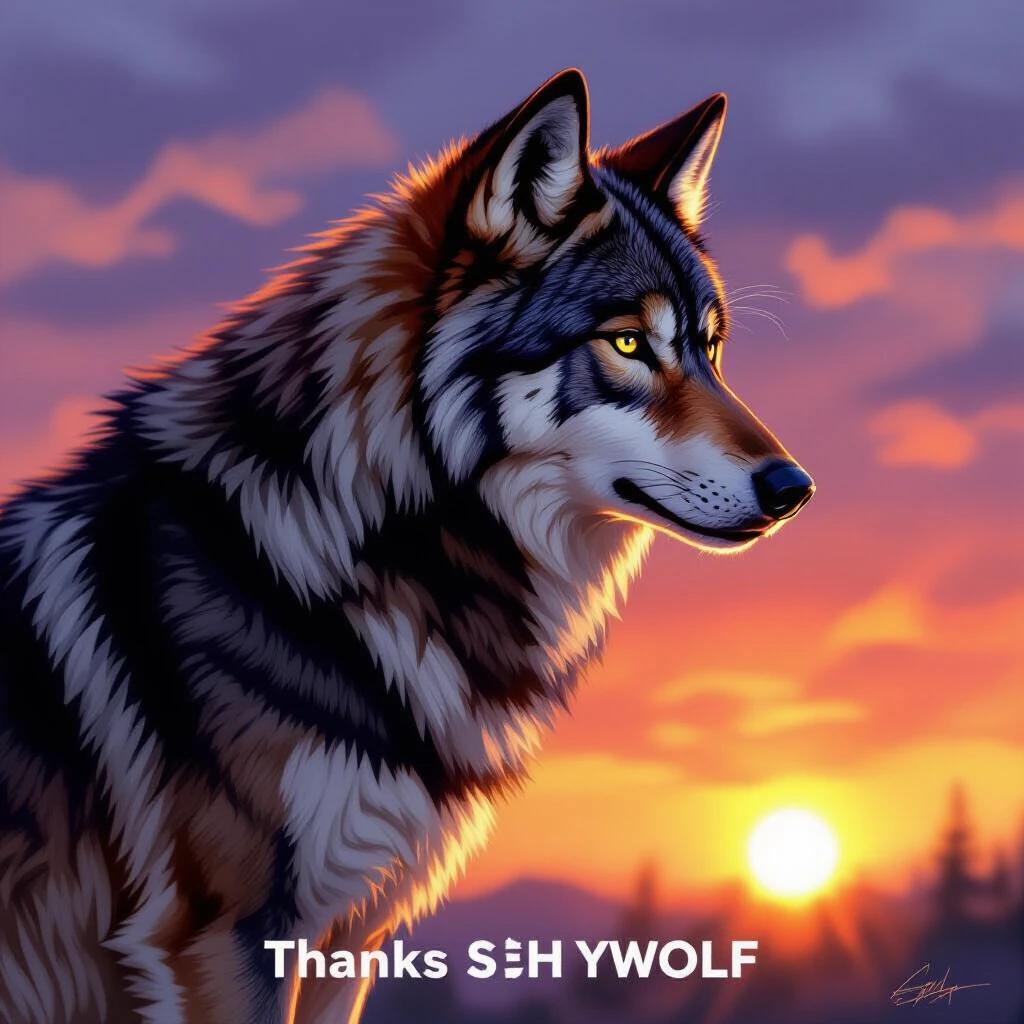 A wolf gazes into the distance during sunset. The background showcases a vibrant sunset with orange and purple hues. Text overlay reads 'Thanks SHYWOLF.'