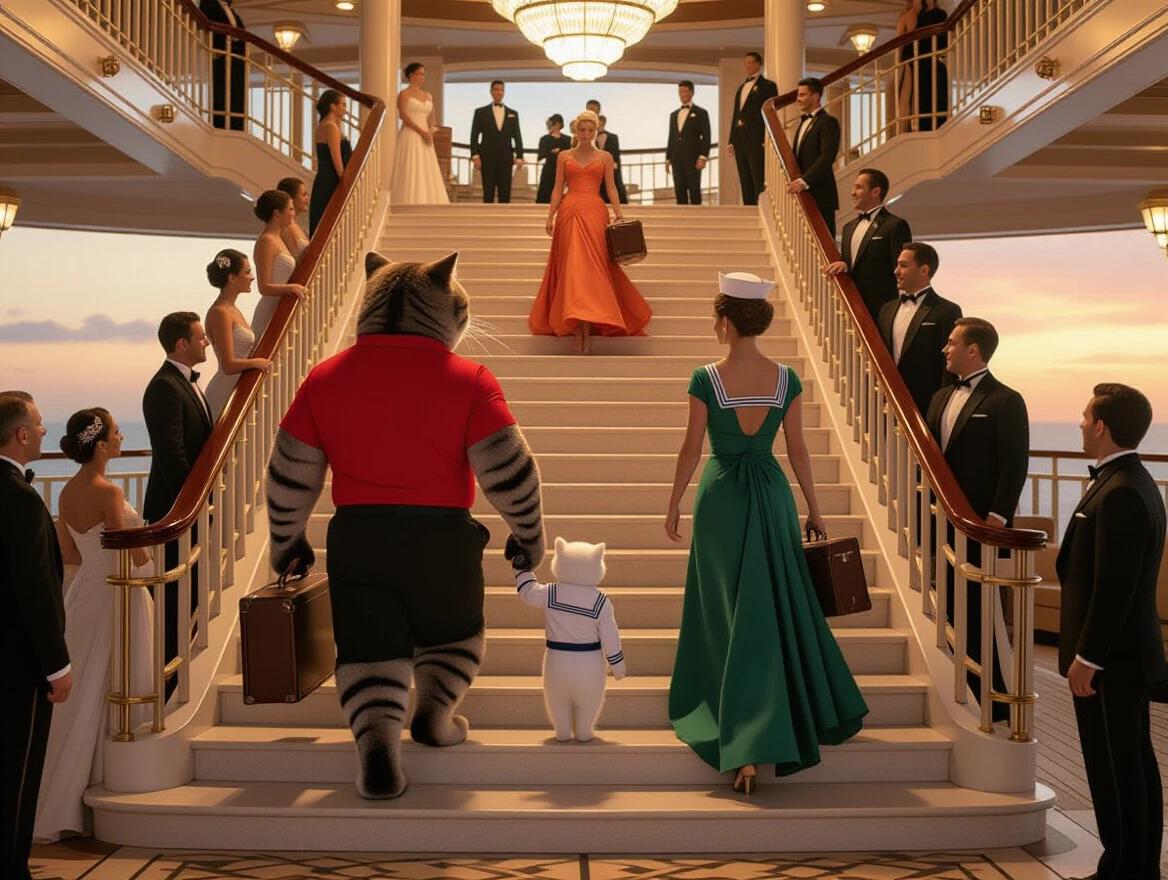 Cinematic boarding scene on a luxury cruise ship at sunset. Muscular anthropomorphic cat in red shirt walks up grand staircase with white kitten in sailor outfit. Orange cat in flowing green dress ascends stairs. Guests in formal attire watch with curiosity. Sophisticated atmosphere resembling high-class cruise reception.