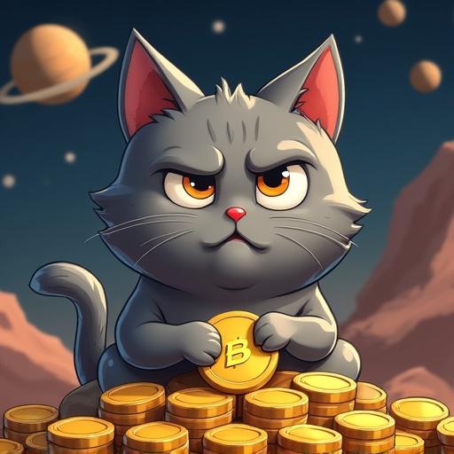 Meme coin theme features a serious grey cat in a cartoon style. Cat holds Bitcoin while surrounded by gold coins and bars. Space with planets creates the background.