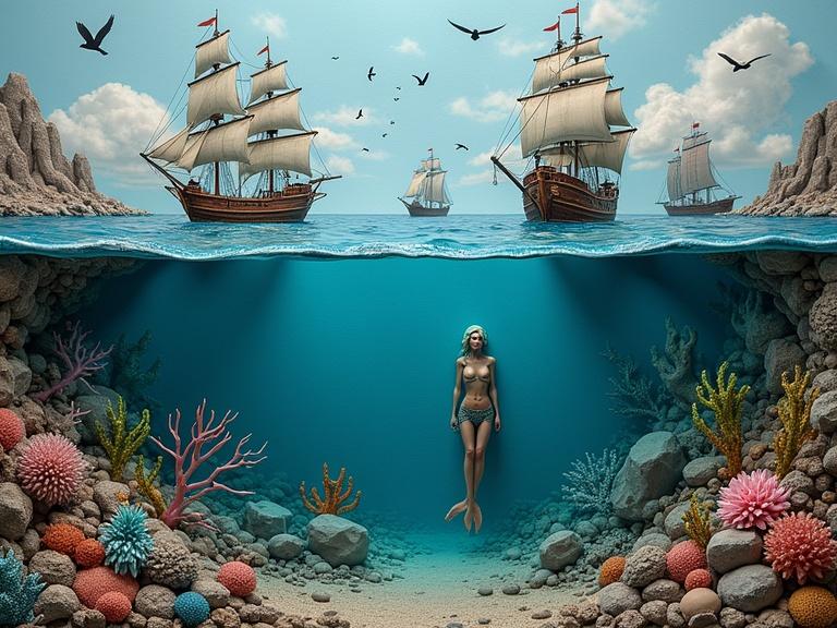 An oceanscape made entirely out of clay. Ships are floating above water. Birds are flying in the sky. Below water features a mermaid, coral, and seaweed. Naked swimmer visible in underwater scenery.