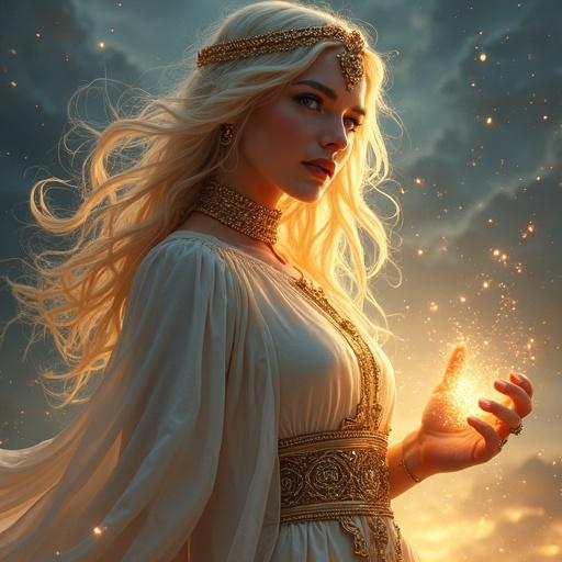 A full-body portrait of a majestic goddess stands tall and proud. She holds her glasses loosely in one hand. Her eyes glow intensely with magical energy. Arcane runes swirl in her irises. Long flowing hair and elegant robes are blown by the wind. Ethereal light surrounds her. Magical streams of energy flow from her eyes and fingertips. Celestial symbols float in the air. The image features detailed skin and fabric textures and a powerful serene expression. Fantasy mythology style creates an enchanted atmosphere.