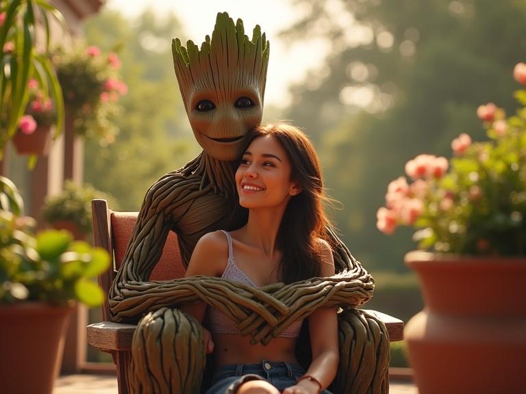 A woman sits on a terrace looking relaxed. Potted flowers surround her with a beautiful garden in the background. Groot appears behind her smiling. He wraps his wooden arms around her shoulders for a friendly hug. The woman looks surprised then joyful. Soft sunlight illuminates the scene.