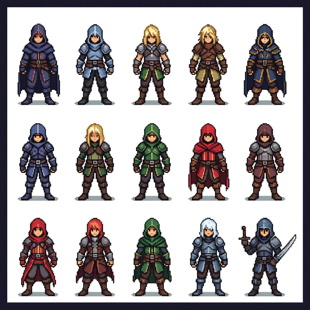 Image of multiple assassin characters designed for RPG Maker MV. Each character is in pixel art style occupying 48x48 pixels. There are 12 poses displayed in a grid format with 3 columns for movement and 4 rows for directions. The overall sheet can include up to 8 different characters. Characters represent various colors and styles fitting within a fantasy theme.
