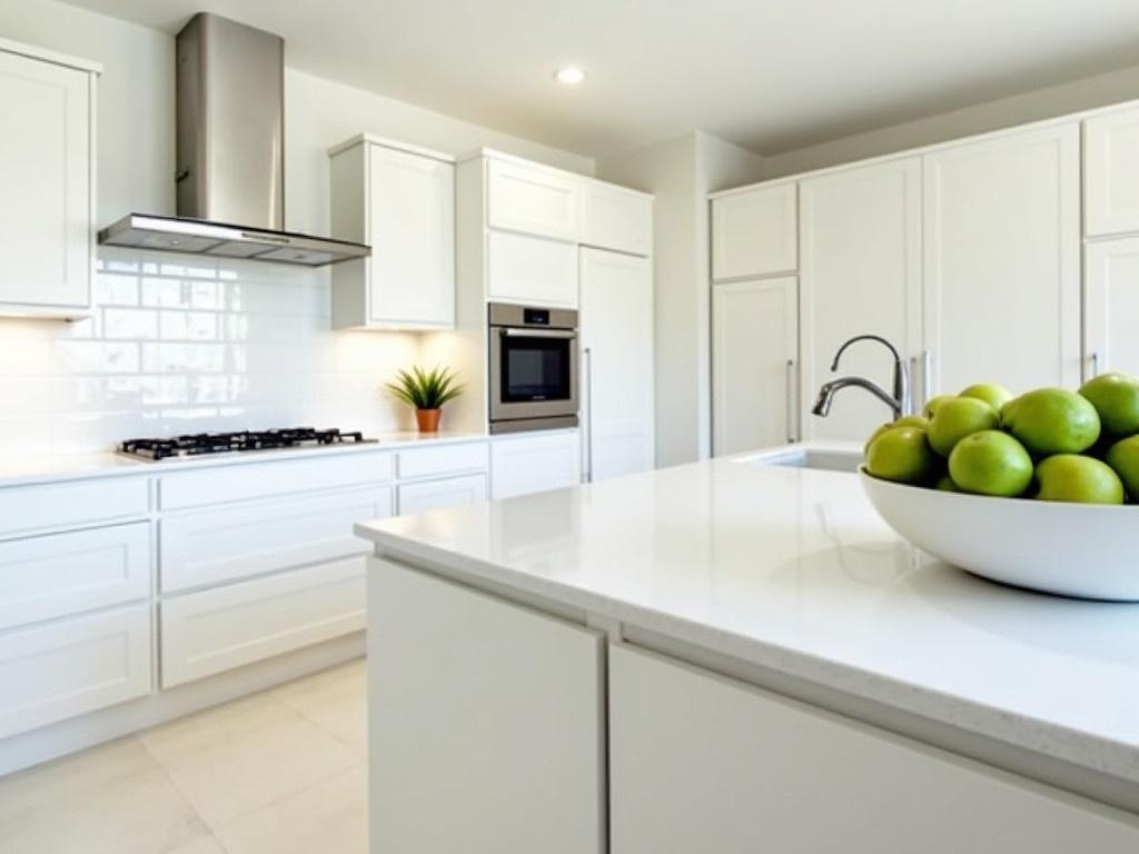 This image showcases a modern kitchen design with sleek white cabinetry and a minimalist aesthetic. The kitchen features an elegant countertop and a stylish island, giving it a spacious feeling. There's an arranged bowl of fresh green apples on the counter, adding a pop of color to the space. The overall atmosphere is bright and inviting, facilitated by good lighting and a clean layout. This contemporary kitchen design focuses on functionality and style, making it perfect for any home.