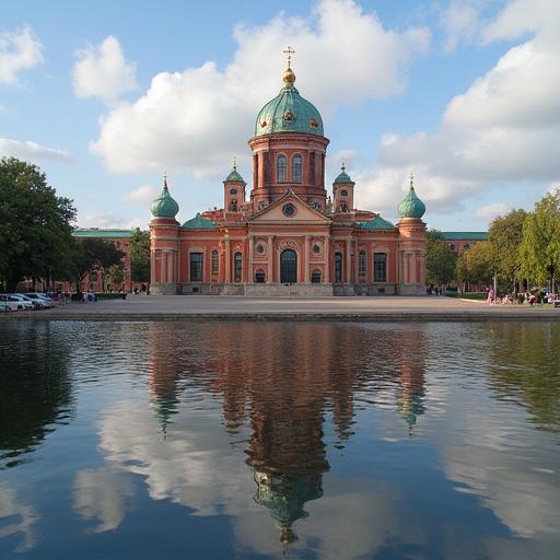 A view of the San Isaac Cathedral in St. Petersburg, Russia. The building features green domes and red brick. Cinematic reflection is seen in the water in front.