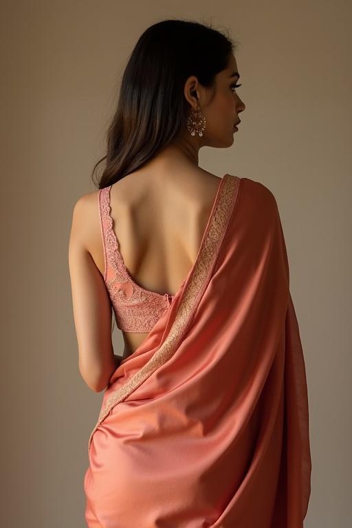 A graceful woman stands elegantly wearing a tacau colored silk saree and peach bra with ornate magenta lace patterns. Soft studio lighting highlights her figure.