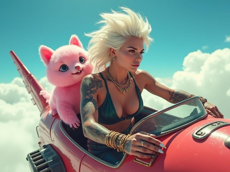 Fierce woman with white hair in a sleek outfit pilots a vibrant steampunk vehicle. She has elaborate tattoos. A fluffy pink creature with bright eyes sits beside her. The sky is blue with fluffy clouds.