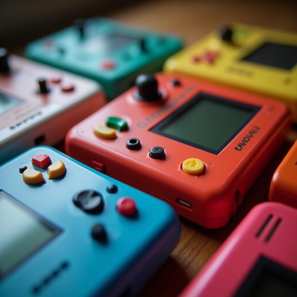 Close-up view of several classic handheld video game consoles featuring colorful buttons. Different colors and designs are visible. Focus on their arrangement and textures.