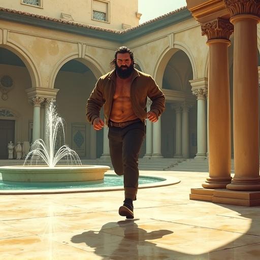 Cinematic illustration featuring a rugged, bearded man sprinting beside a reflective marble fountain in a courtyard with Renaissance archways. Rendered in ultra-high-definition 8K with motion blur and warm golden-hour lighting. Emphasize intricate details in the architecture and soft painterly shading. Balanced color palette of ivory, terracotta, and sage green, with final cinematic color grading. Best quality anime style with soft pastel colors.