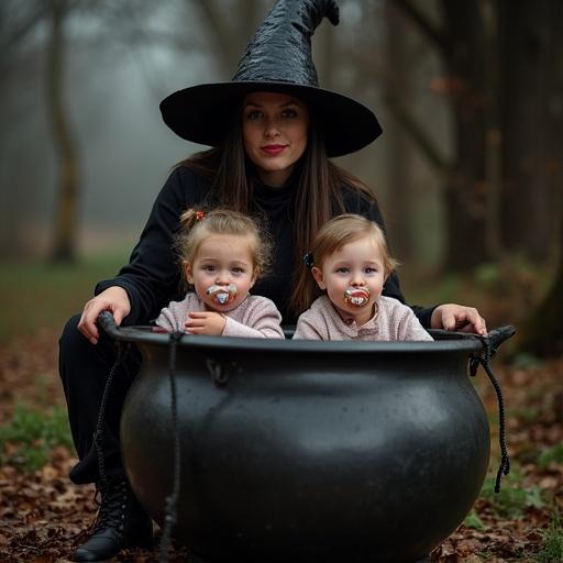 Two children sit inside a cauldron. Both children are wearing pacifiers. A parent dressed as a witch stands nearby. The background features Halloween decorations.