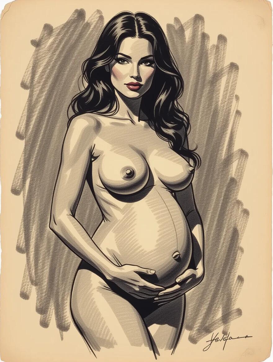 Rough charcoal sketch on old paper. Beautiful black pregnant female nude figure in a seductive pose. Clean line art with colored elements.