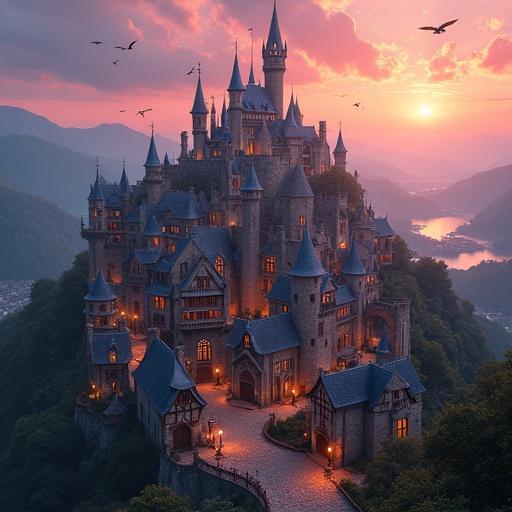 Wide view of a magical medieval city in rolling hills at sunset. City has concentric layout with stone houses and blue-tiled roofs. Central castle has tall towers and glowing windows. Surroundings include spires and windmills. The atmosphere is peaceful and enchanted.