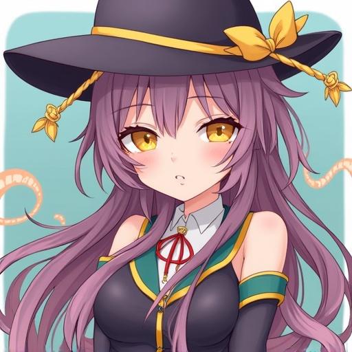 Anime character with long purple hair wearing a black hat and a unique outfit. The character has a serious expression and is designed in a stylized manner.