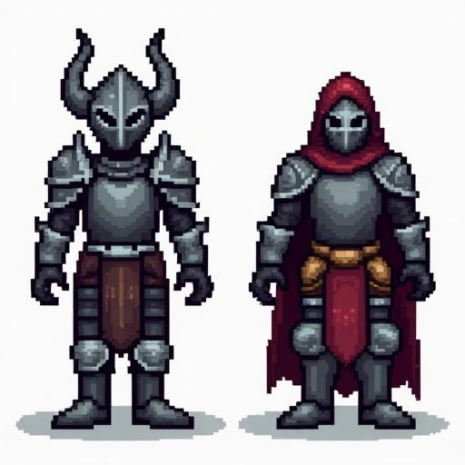 Design a cartoon-style pixel art image depicting an armor set inspired by Skyrim Daedric Armor. Include a helmet, chest piece, pants, and boots on a transparent background. Use a pixel resolution of 16x16. The style must be compatible with Minecraft with simple proportions and detailed materials.