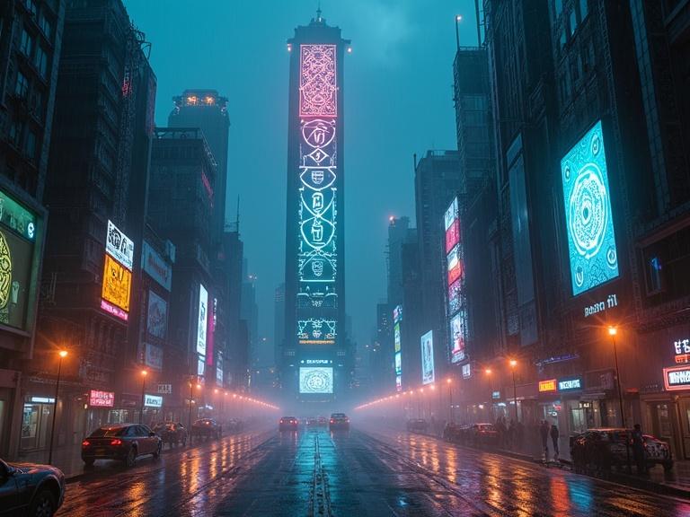 Panoramic view of a cyberpunk megacity at night. Heavy rain creating wet reflective streets. Vibrant neon lights contrasting with dark architecture. Tall skyscrapers with Norse and Hindu cultural elements. Central building has a large illuminated media screen showing dynamic patterns. Surrounding buildings feature holographic advertisements. Mood is deep and serious with a touch of mystery. Dramatic lighting enhances the scene.