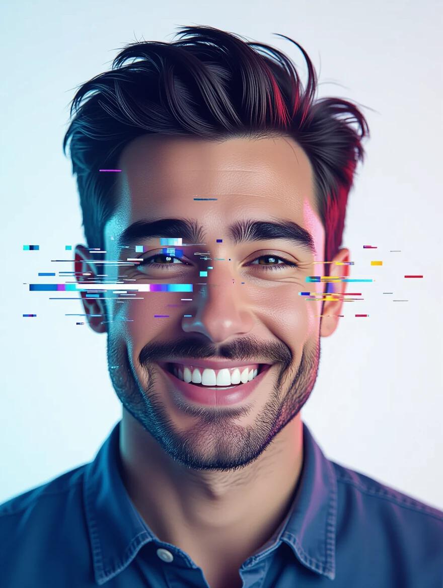 Portrait of a joyful male. Glitch effects distorting the face. Pixels fragment and shift colors. Surreal expression with cinematic lighting. Soft shadows create depth. Eye-catching digital art.