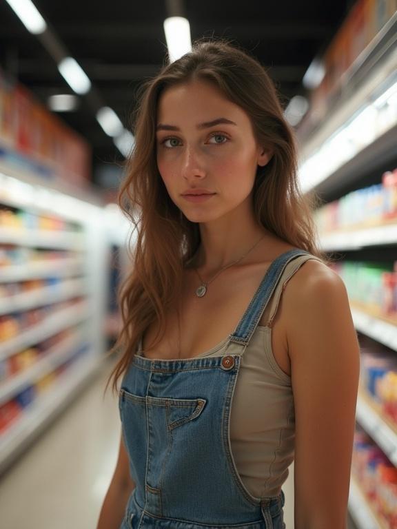 A beautiful teen models in a supermarket aisle. She wears denim overalls and looks directly at the camera. The background features shelves with colorful products.
