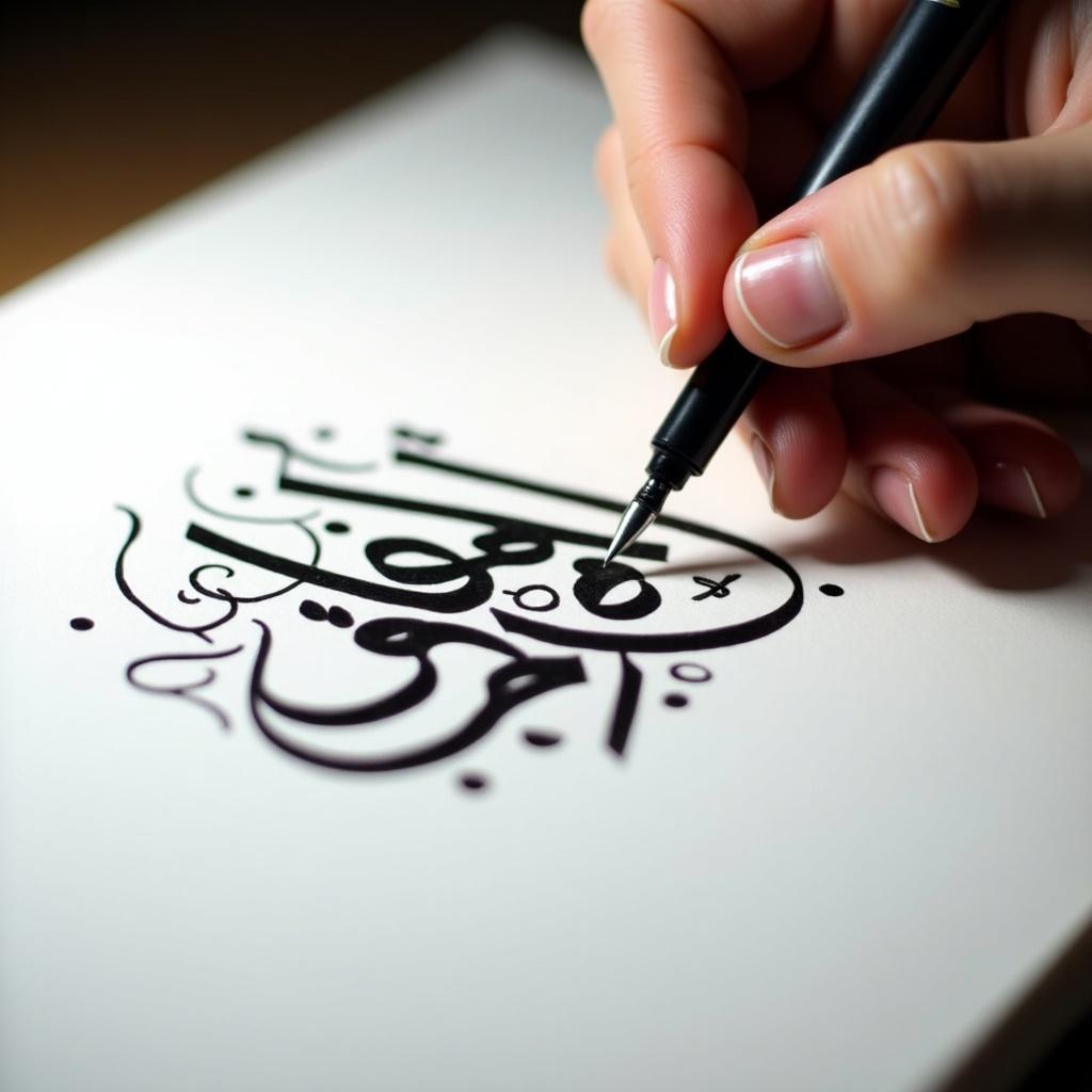 Hand writing Arabic calligraphy on white paper. Text reads 'Black Soul' in bold black ink. Intricate flourishes surround the text. Soft light highlights the elegance of the writing process.