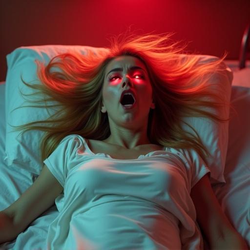 A patient convulses violently on a hospital bed. Hair tosses wildly as red eyes snap open. Silky gown clings to trembling body. Veins pulse beneath pale skin. Red emergency lights flicker, casting shadows. Room filled with dangerous energy.