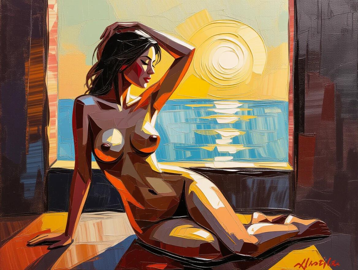 Highly textured encaustic painting. Depicts a nude woman posed in morning sunlight. Thick brushstrokes emphasize three-dimensional effect. Background features ocean view and sunrise.