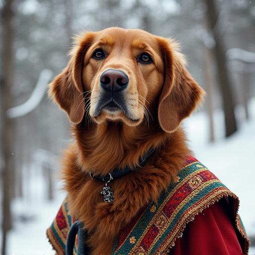 Golden retriever wearing a decorative shawl in a snowy forest setting. The dog looks directly at the camera with a gentle expression. Soft lighting highlights its fur and shawl.